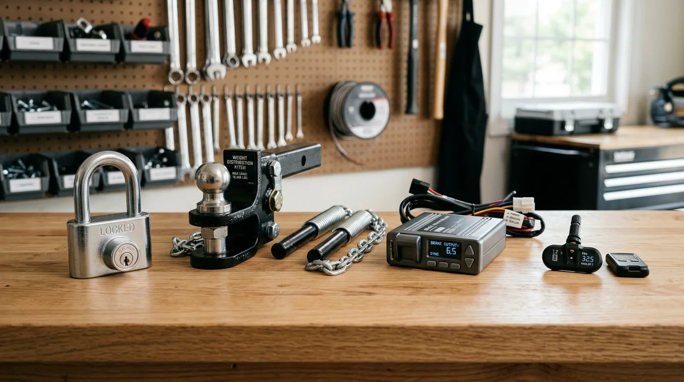 Trailer safety accessories including a coupler lock, weight distribution hitch and brake controller on a workbench