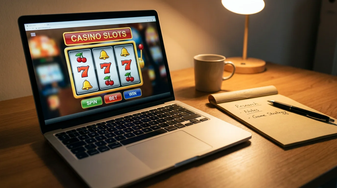 Laptop displaying an online casino interface on a clean desk with notepad