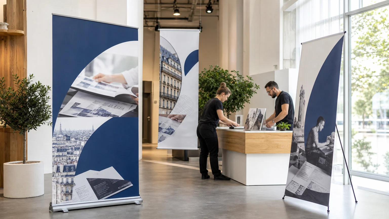 Comparaison visuelle entre un roll-up, un kakemono suspendu et un X-banner