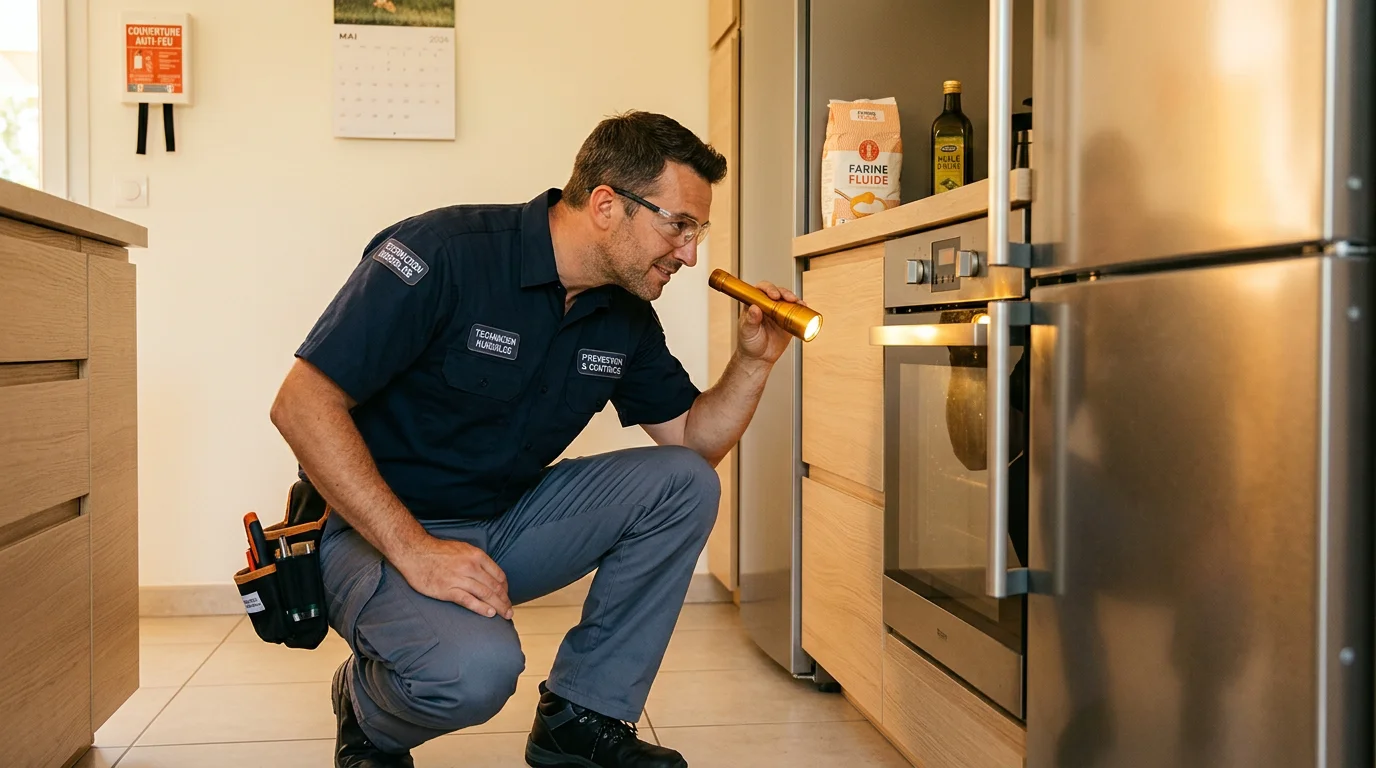 Technicien inspectant un logement à la recherche de souris