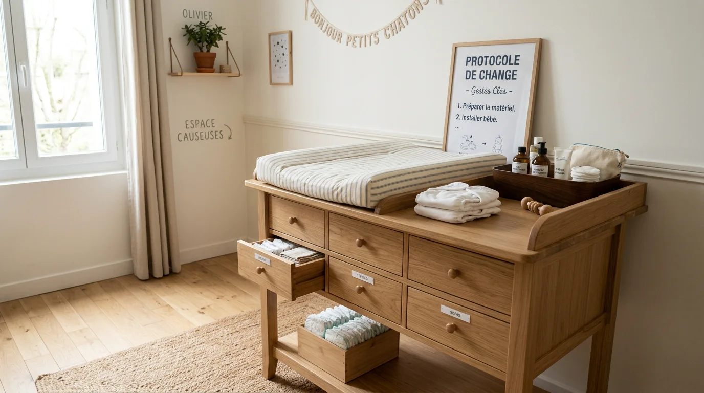 Espace de change professionnel avec table à langer en bois et tiroirs intégrés