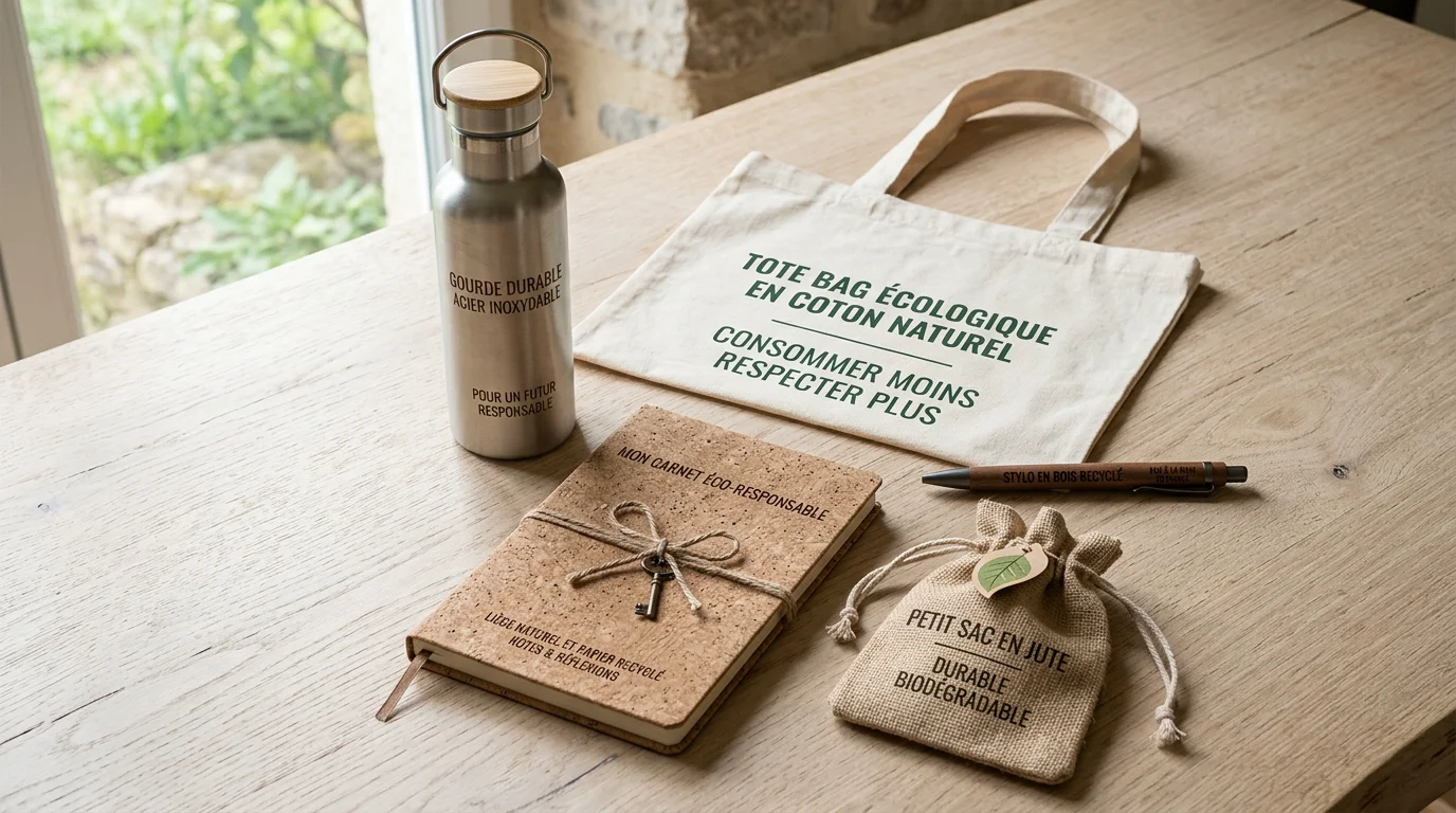Objets publicitaires écoresponsables en matières naturelles disposés sur un bureau en bois
