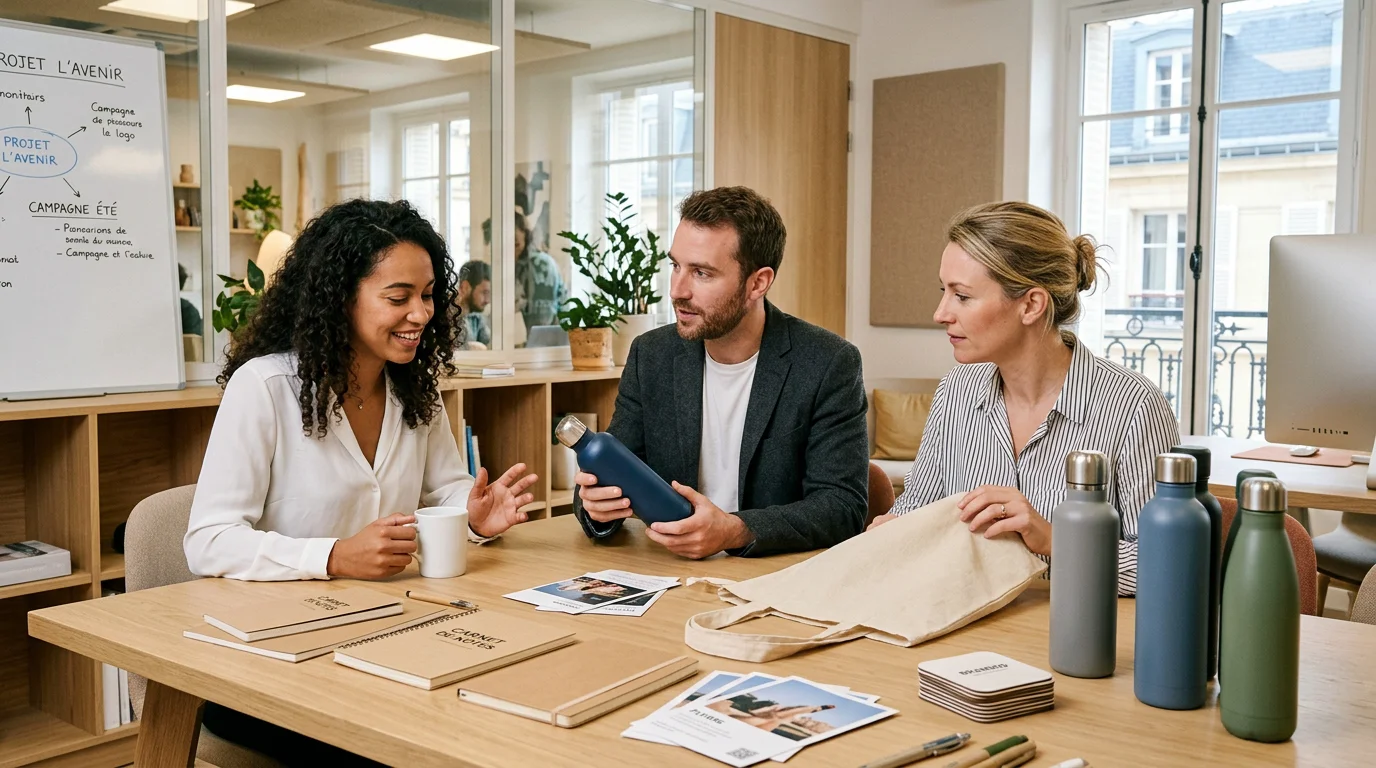 Équipe marketing comparant des échantillons d'objets publicitaires en réunion