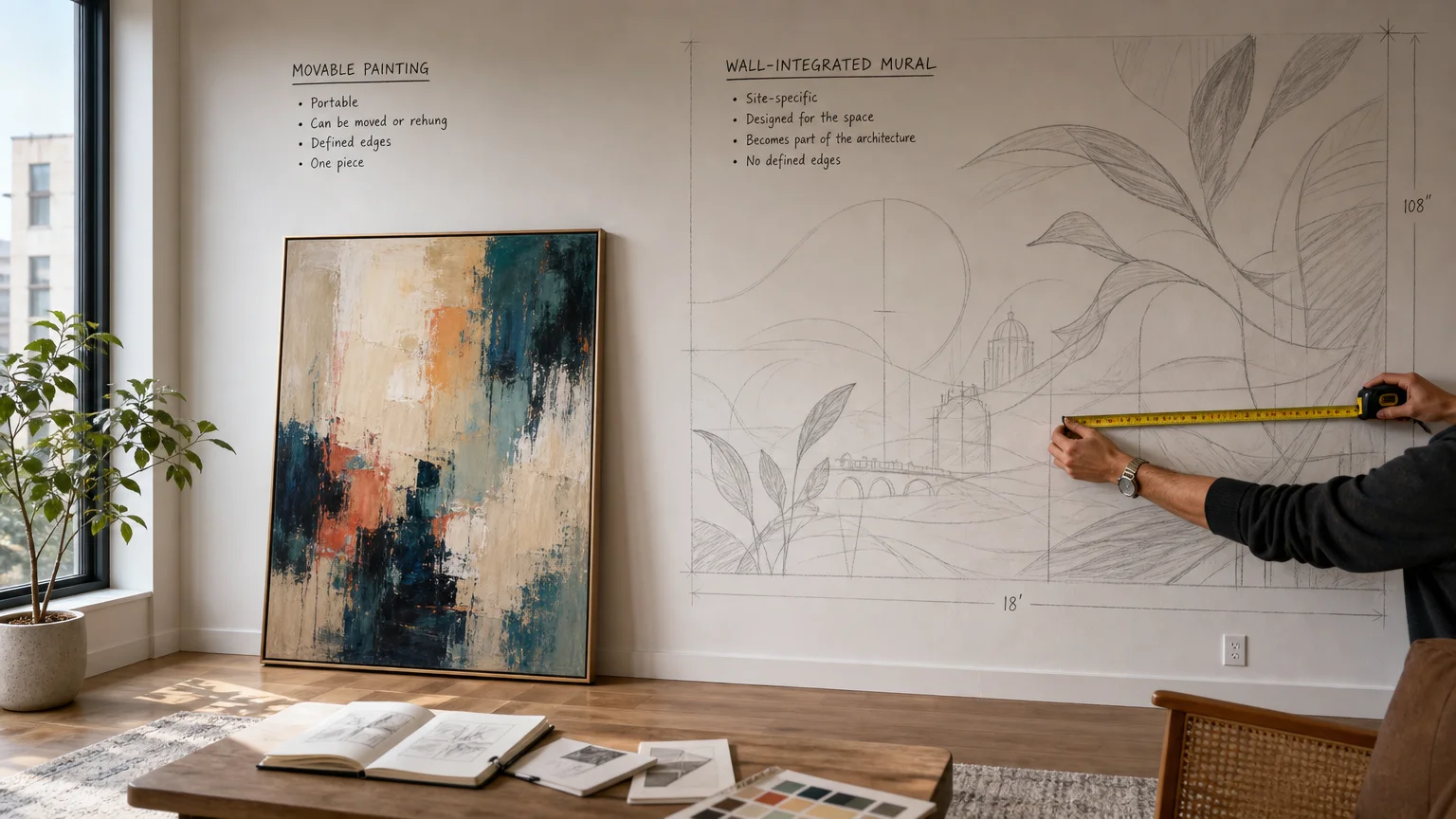Interior comparison between a framed painting and a custom wall mural