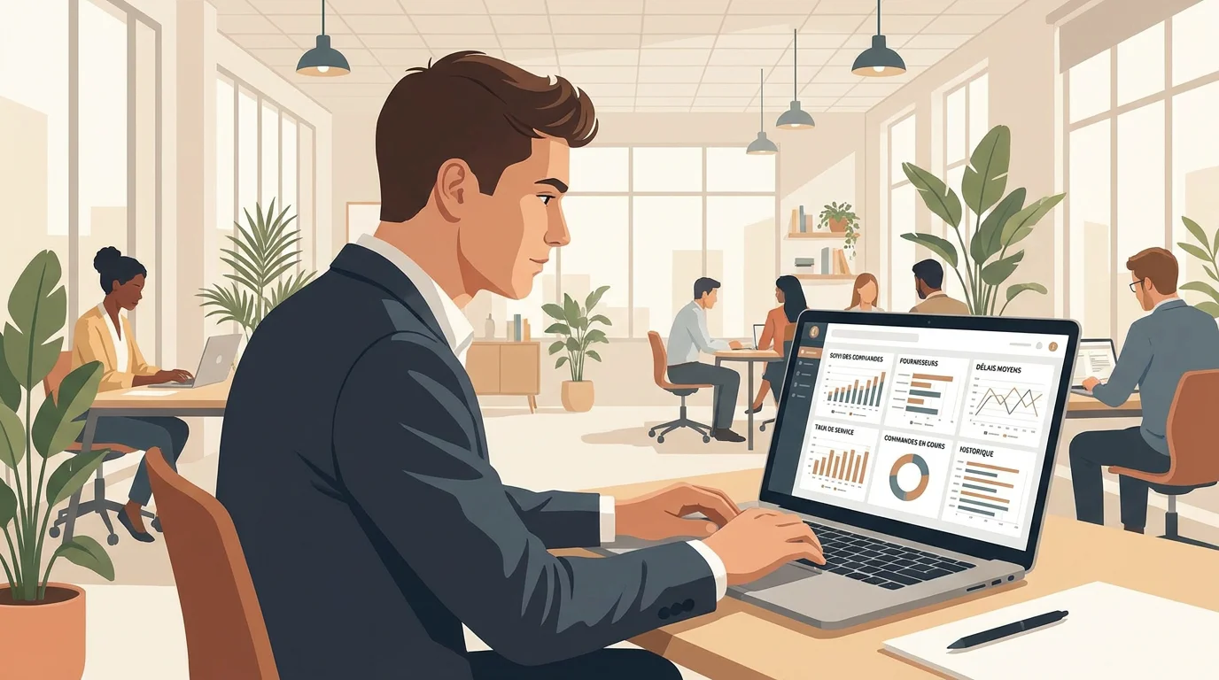 Alternant en achat travaillant sur un tableau de bord fournisseurs dans un bureau moderne en France