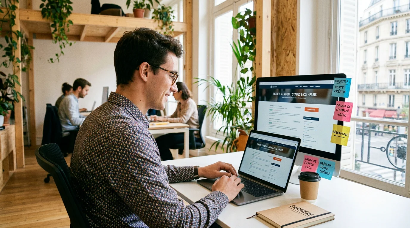 Étudiant recherchant des offres d'alternance en achat sur un ordinateur dans un espace de coworking
