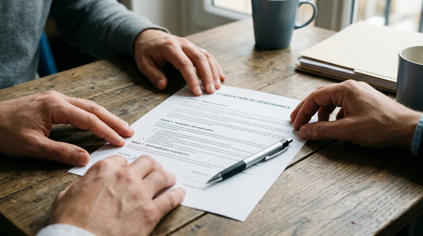 Deux personnes examinent une convention d'honoraires d'avocat sur un bureau