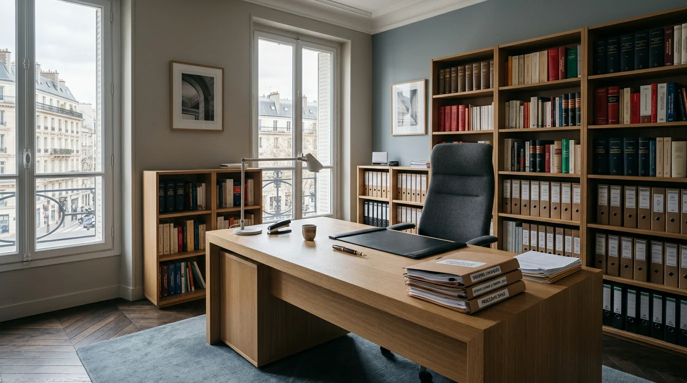 Bureau d'avocat sobre avec dossiers et bibliothèque juridique