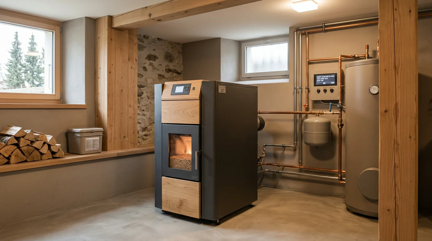 Chaudière à pellets moderne installée dans une chaufferie de maison suisse