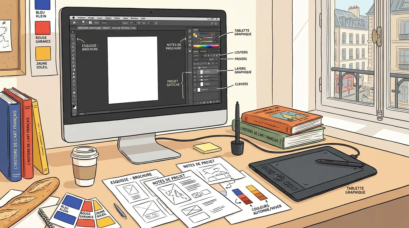 Bureau d'un étudiant graphiste avec outils de création numérique et croquis