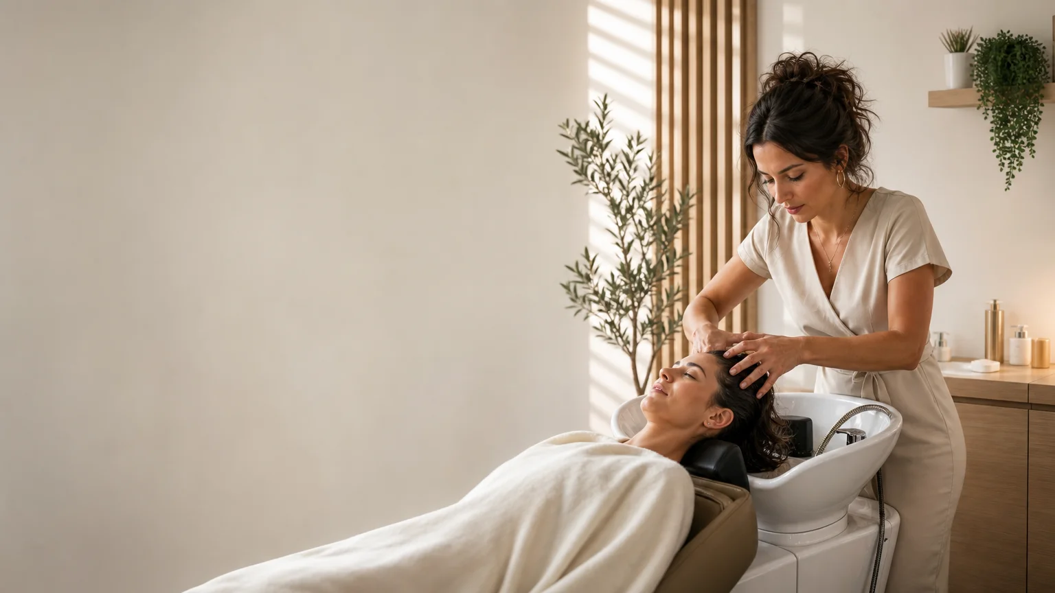 Professionnelle en formation Head Spa dans un espace de bien-être moderne