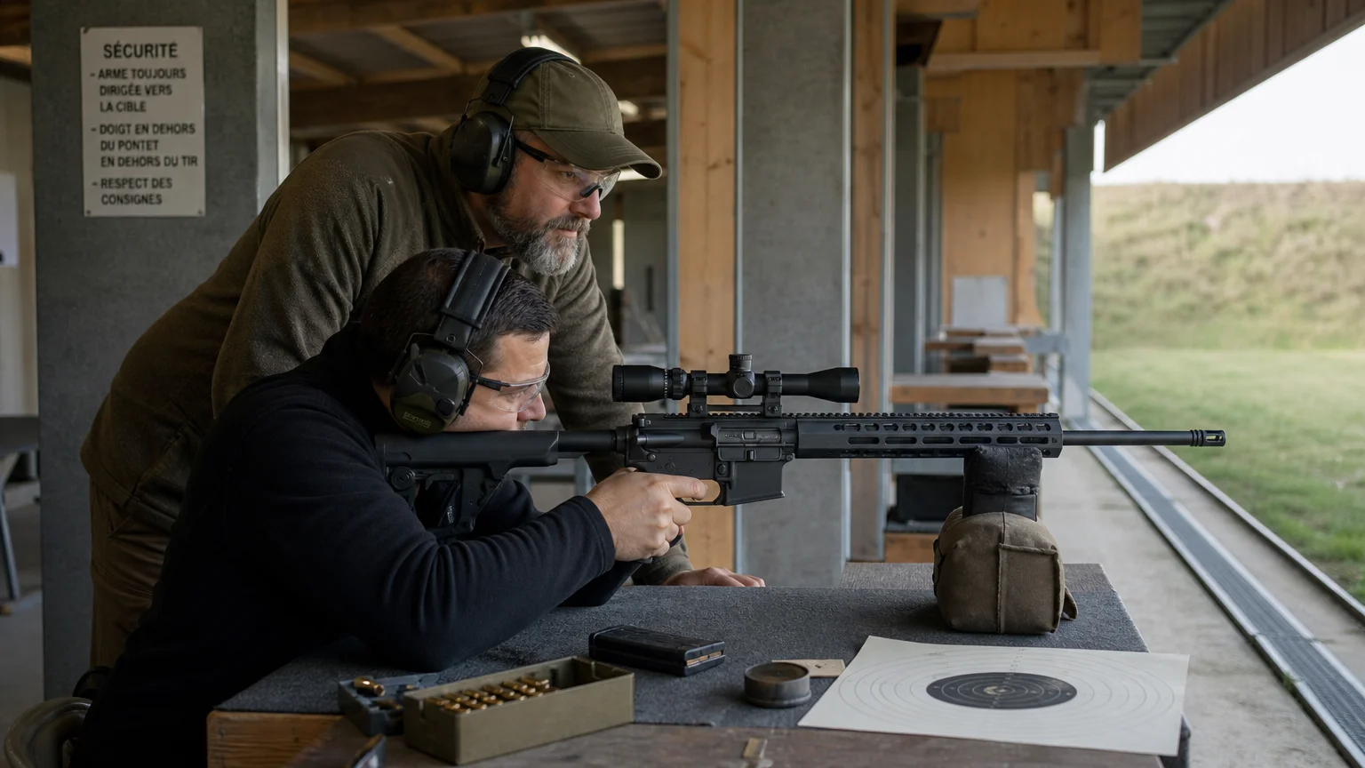Séance de tir encadrée avec une arme longue dans un stand français