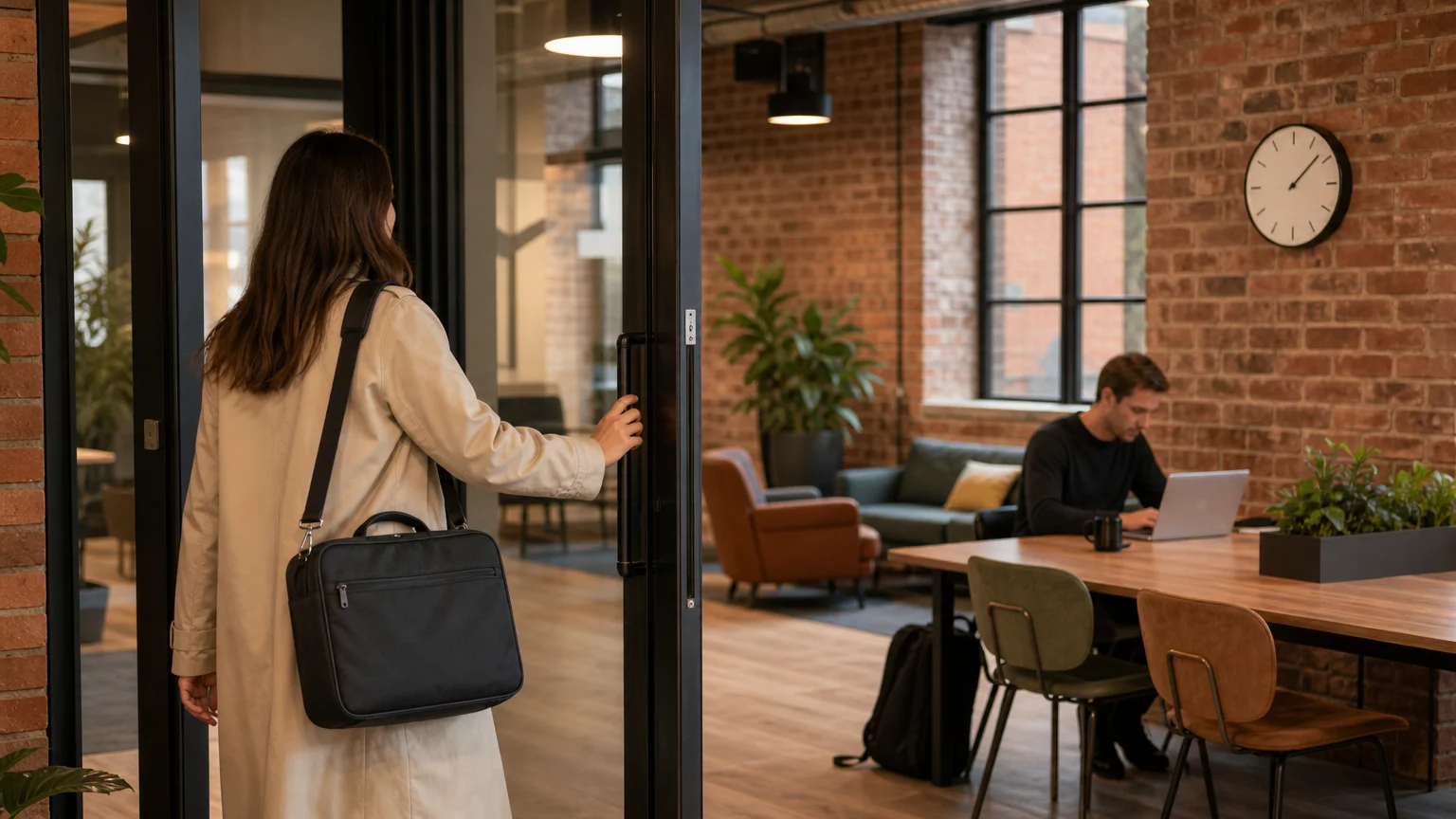 Professional arriving at a shared workspace as another person works