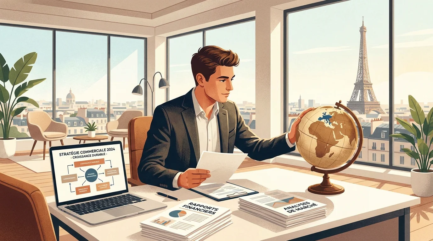 Stagiaire en commerce international travaillant dans un bureau moderne en France