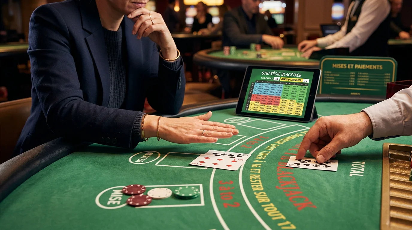 Joueur prenant une décision stratégique face à ses cartes de blackjack