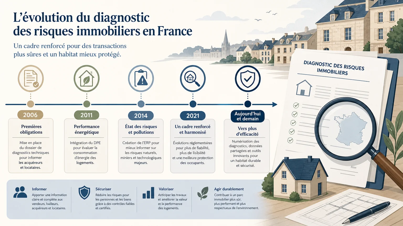 Frise illustrant l'évolution du diagnostic ERNMT vers l'état des risques et pollutions