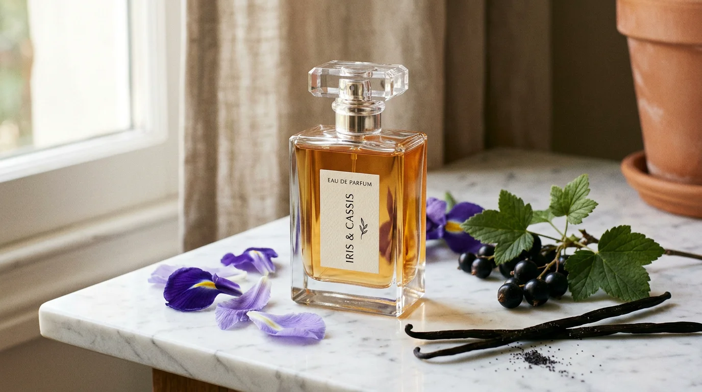 Flacon de parfum féminin entouré de fleurs d'iris et de vanille sur marbre