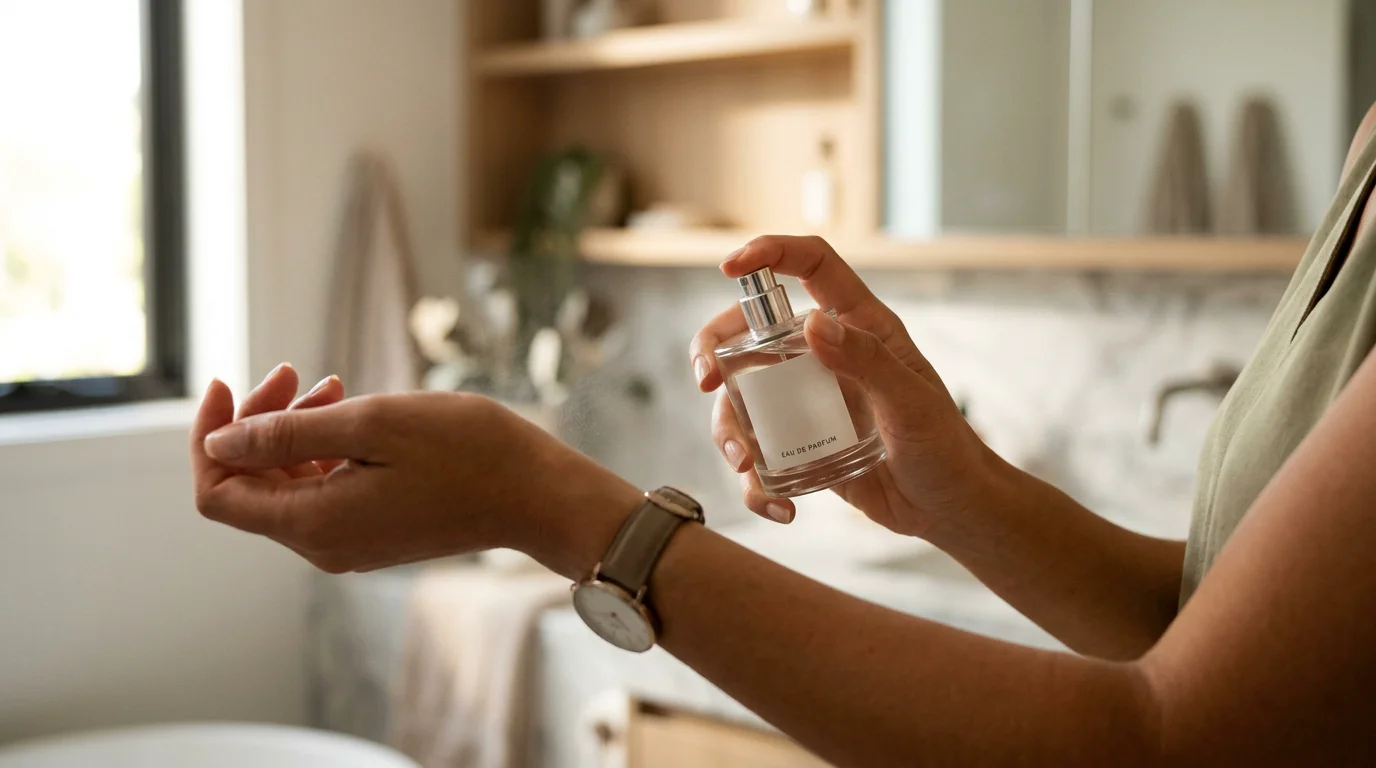 Femme appliquant du parfum sur son poignet dans une ambiance lumineuse