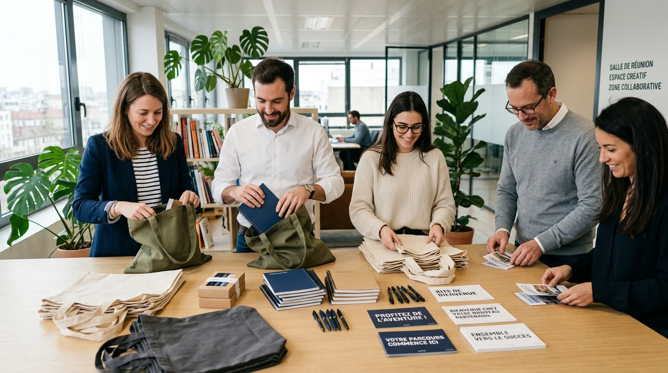 Équipe marketing préparant des welcome packs avec des objets publicitaires sur une table de bureau