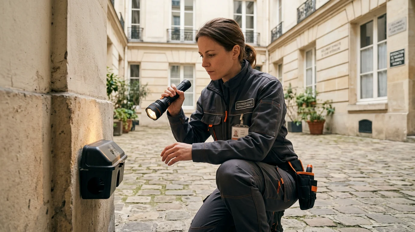 Technicien européen en dératisation dans une cour d'immeuble parisien