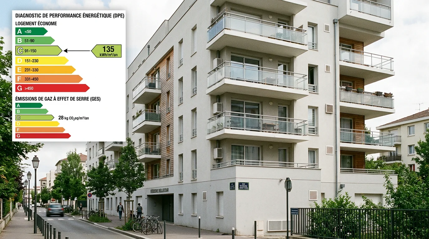 Immeuble résidentiel français avec échelle d'étiquette énergétique du DPE