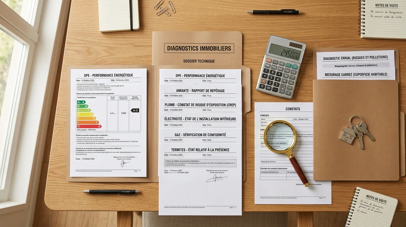 Dossier de diagnostics immobiliers obligatoires posé sur un bureau
