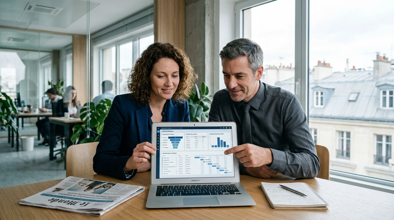 Deux consultants européens analysent un tableau de bord CRM unifié dans un bureau moderne