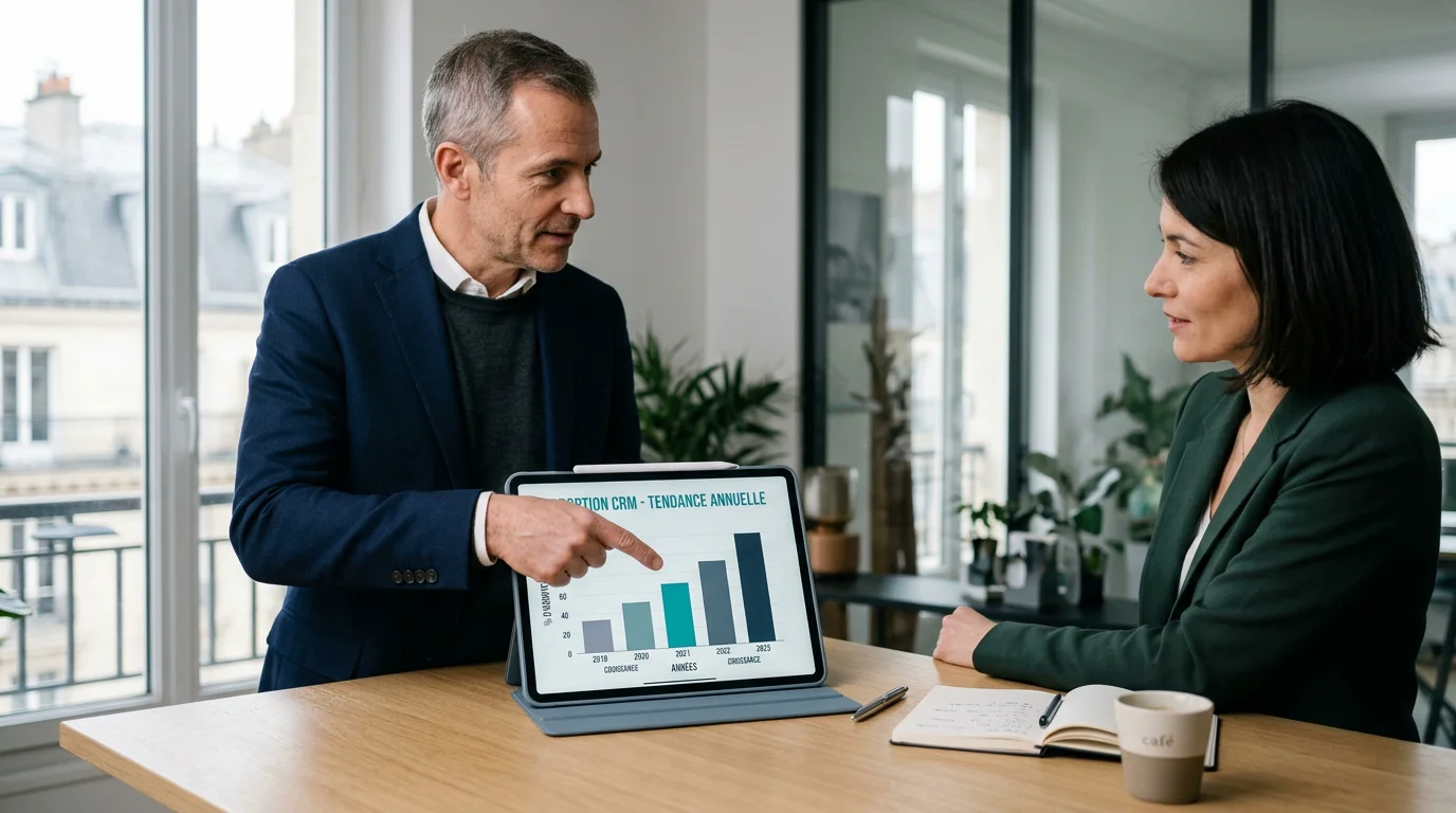Un manager européen commente un graphique de progression de l'adoption des CRM