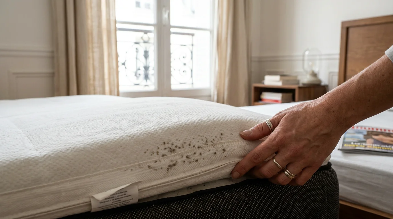 Main soulevant un matelas révélant des traces de punaises de lit
