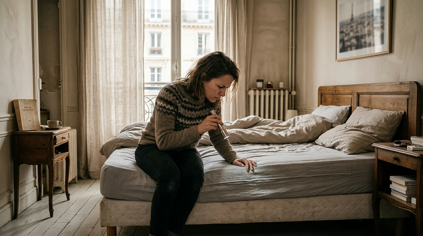 Femme européenne inquiète inspectant un matelas à la recherche de punaises de lit