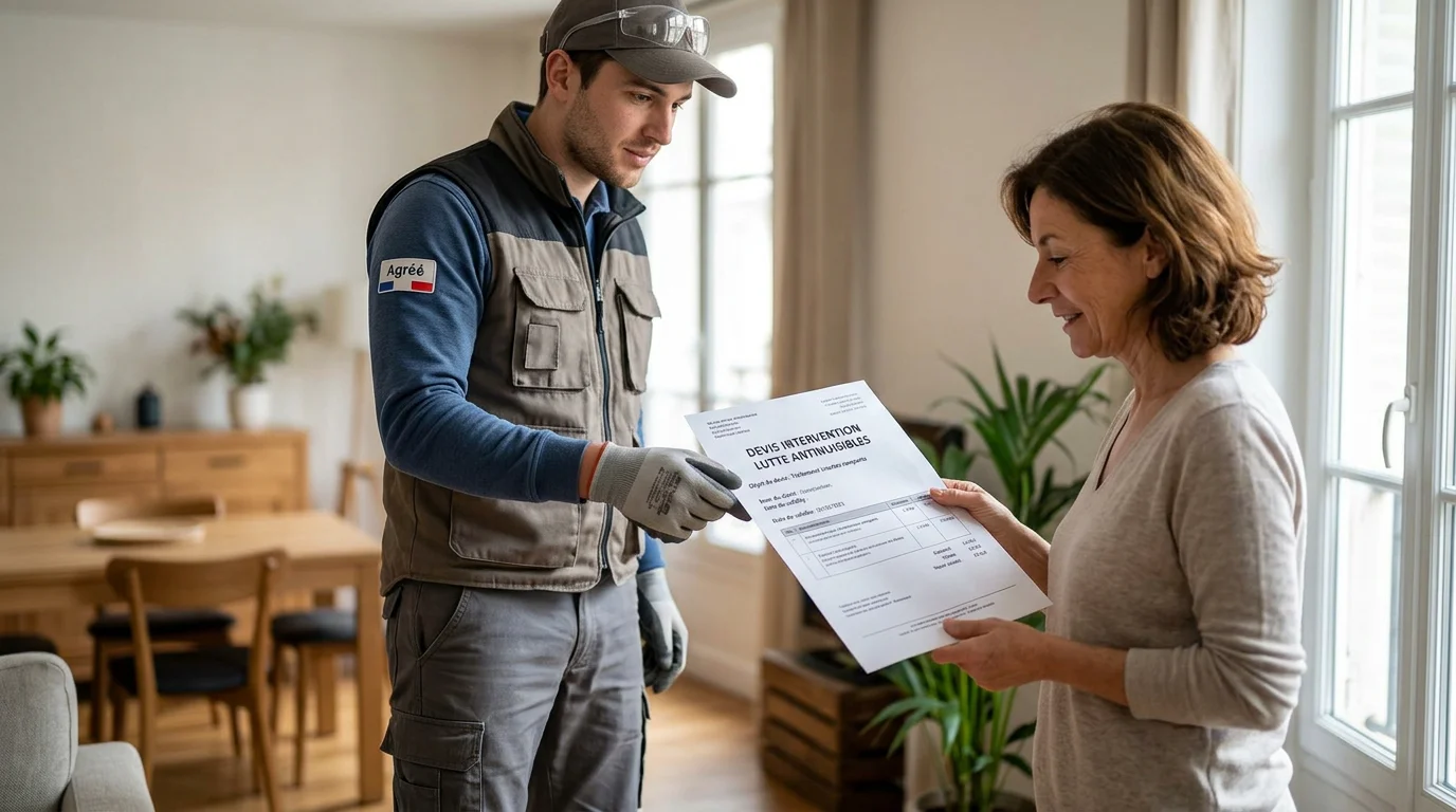 Technicien antinuisibles remettant un devis écrit détaillé à un client