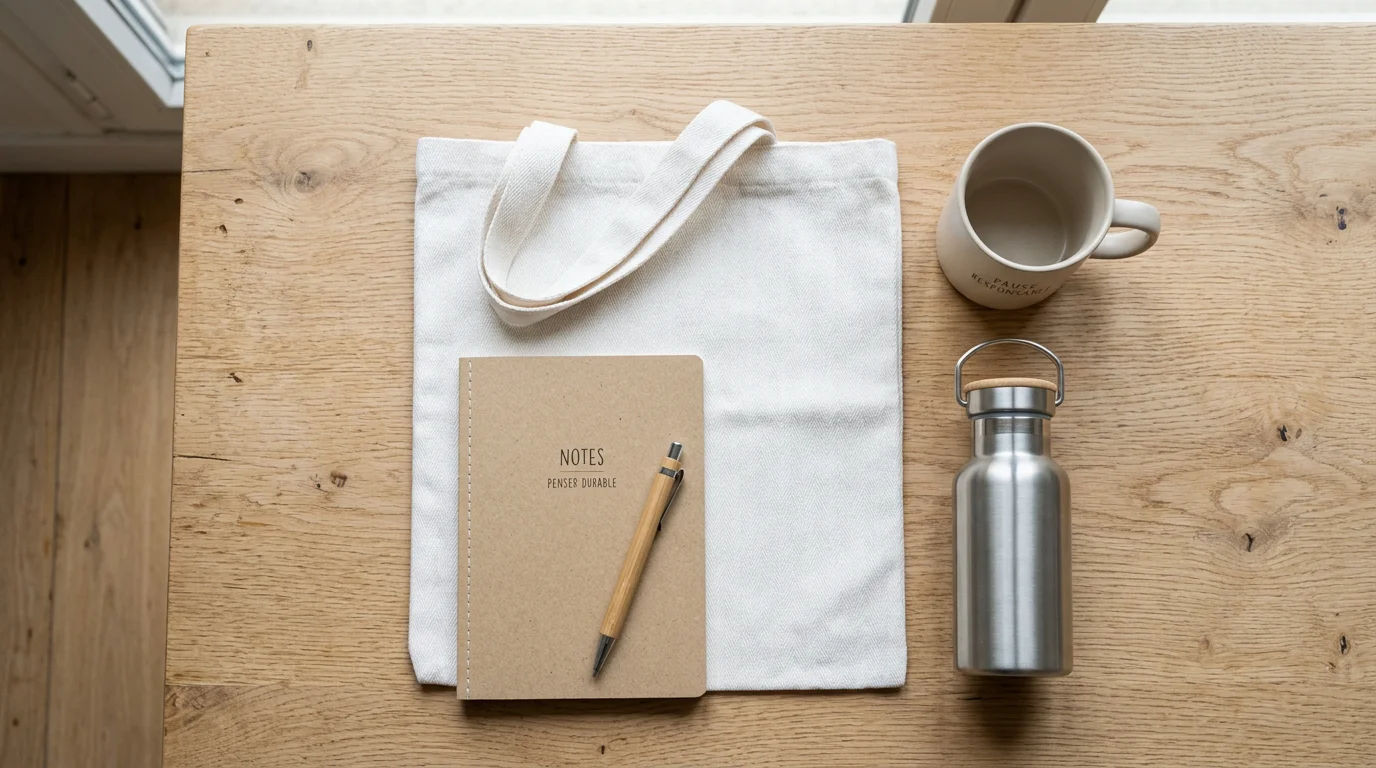 Collection d'objets publicitaires éco-responsables présentée en flat lay