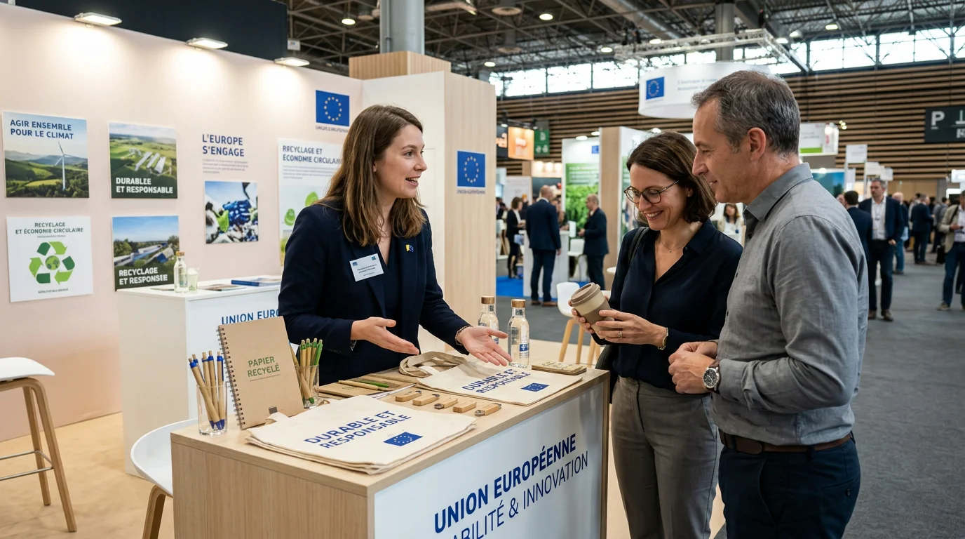 Présentation d'objets publicitaires responsables sur un stand de salon professionnel