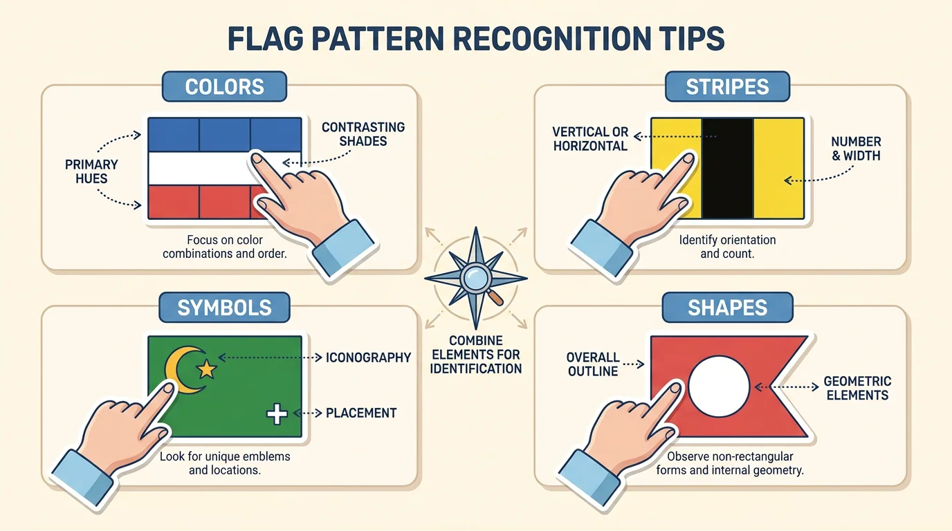 Illustration showing flag pattern recognition tips including colors, symbols, and stripes