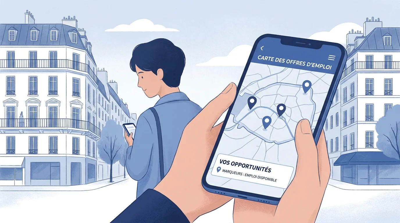 Personne consultant des offres d'emploi géolocalisées sur un smartphone dans une ville française