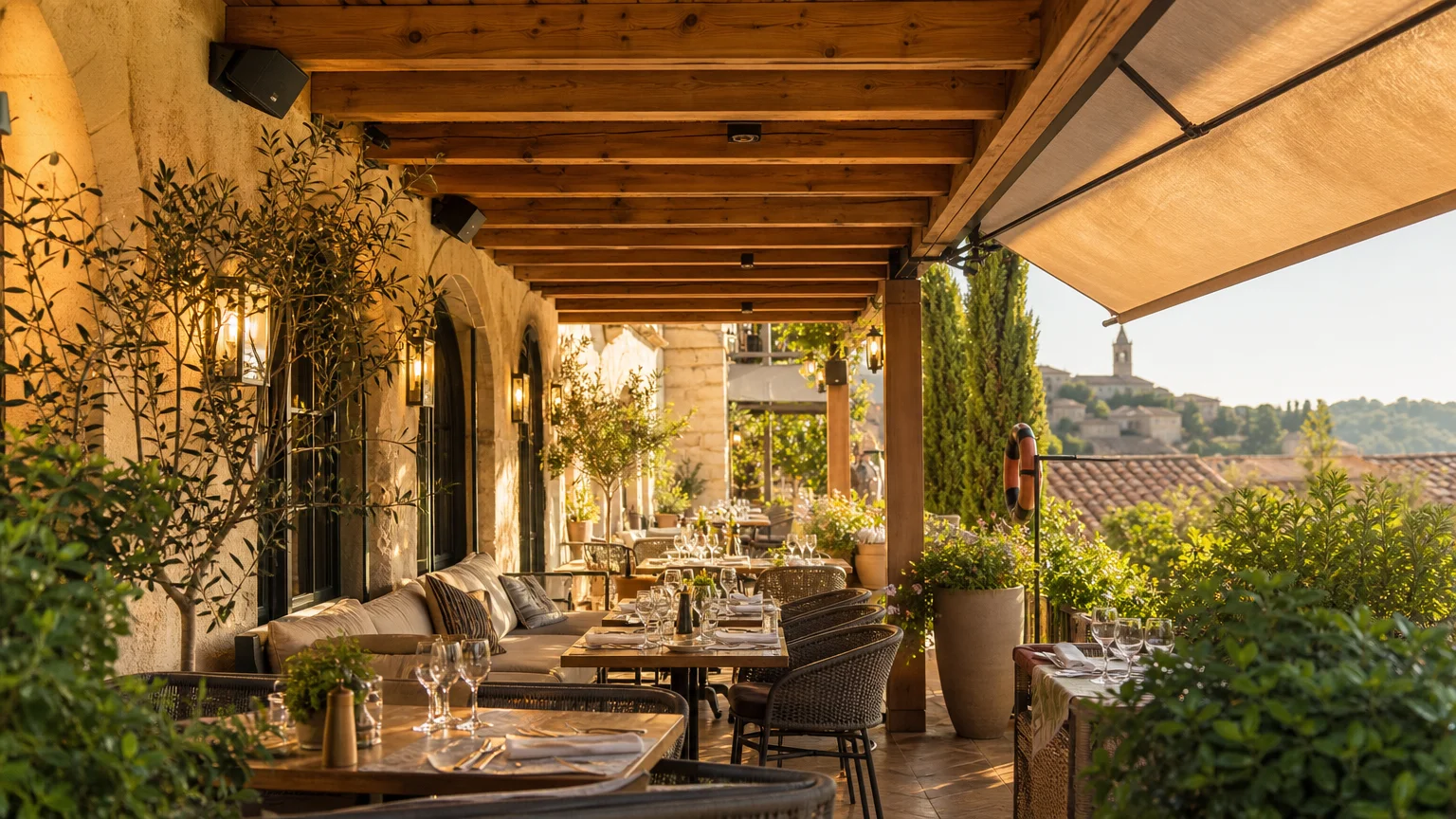 Enceintes d'extérieur discrètes installées sous l'auvent d'une terrasse de restaurant