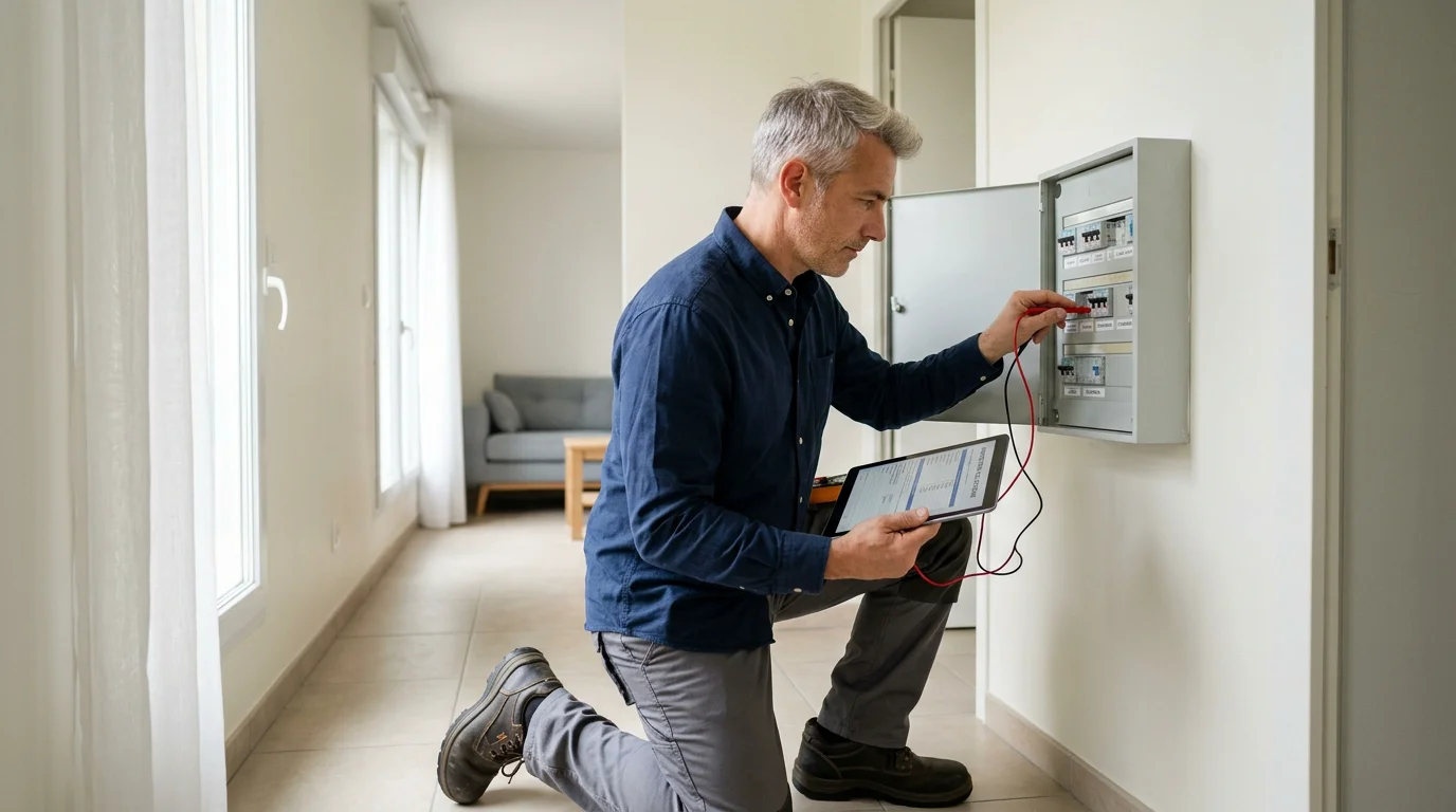 Un diagnostiqueur certifié contrôle une installation électrique avant une mise en location