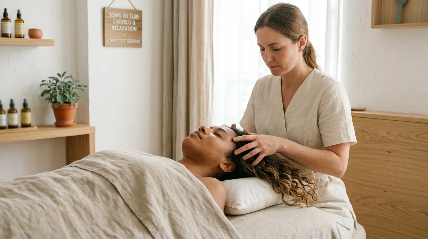 Praticienne réalisant un massage du cuir chevelu lors d'une séance de head spa japonais