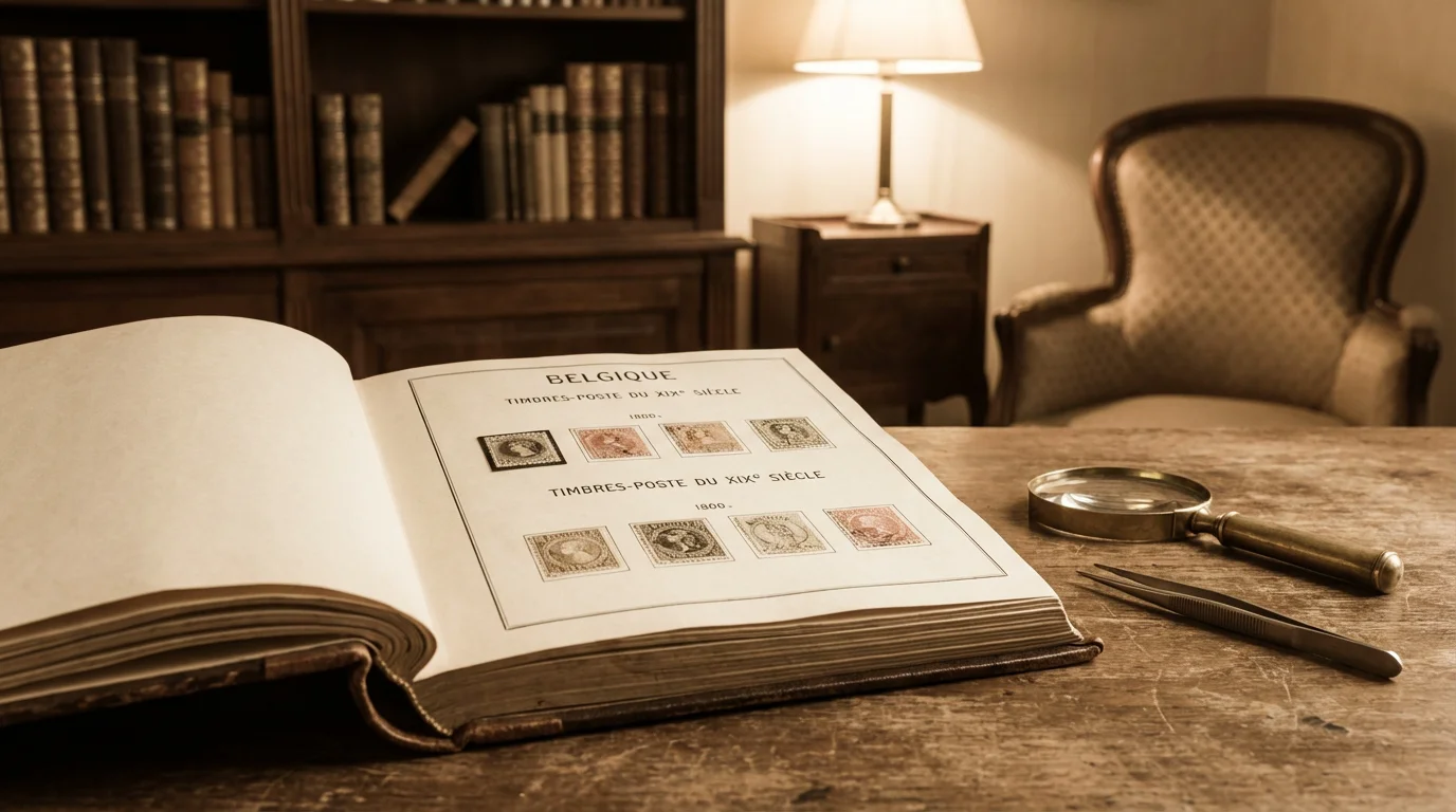 Timbres Belgique : guide complet pour collectionneurs Timbre-Philatelie Album ancien de timbres belges classiques avec loupe et pince philatélique