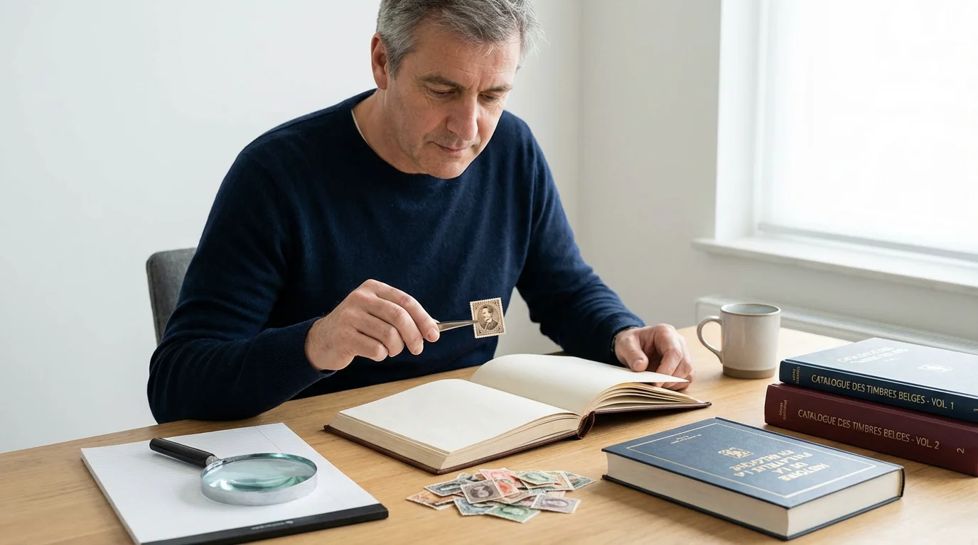 Timbres Belgique : guide complet pour collectionneurs Timbre-Philatelie Collectionneur européen examinant des timbres belges avec une pince philatélique