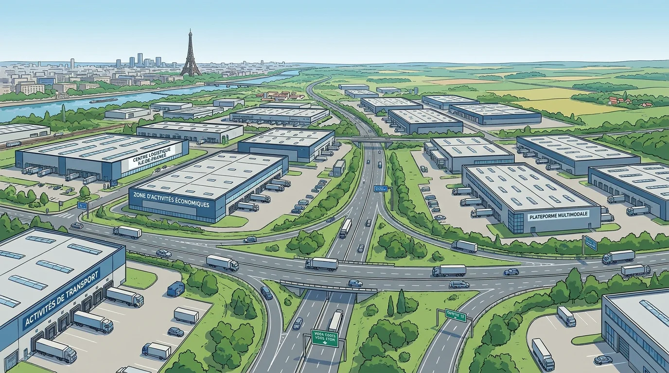 Zone d'activité économique en Seine-et-Marne avec entrepôts et axes routiers