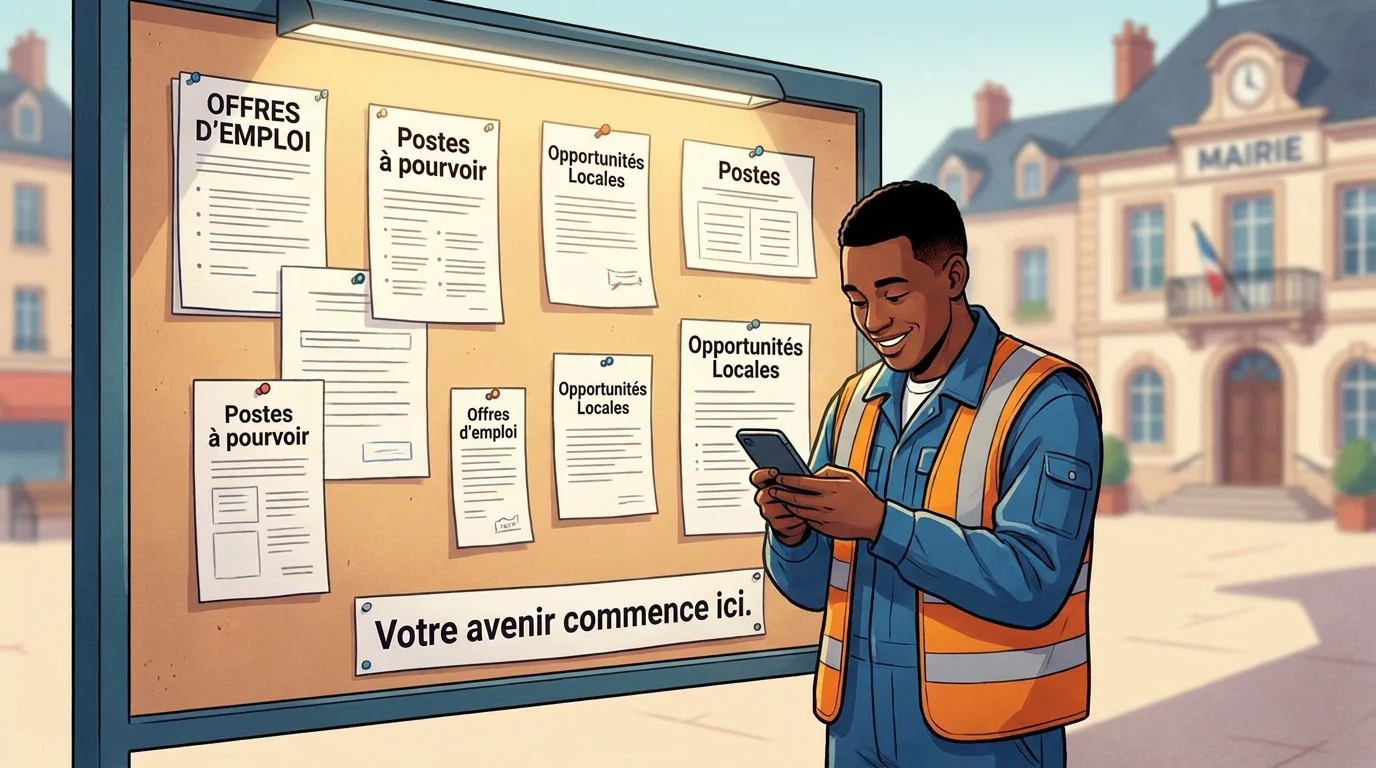 Candidat consultant des offres d'intérim sur son téléphone devant un panneau d'emploi