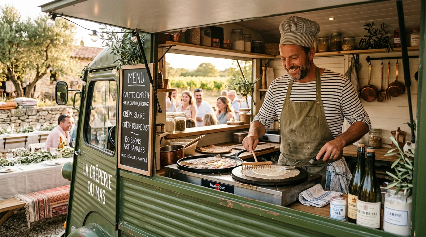 Chef préparant des galettes de sarrasin dans un food truck lors d'un mariage en Provence