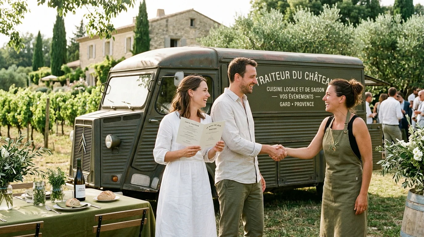 Couple de futurs mariés échangeant avec un prestataire de food truck dans le Gard