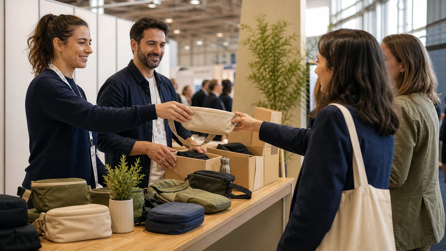 Distribution de sacs banane personnalisés lors d’un salon professionnel