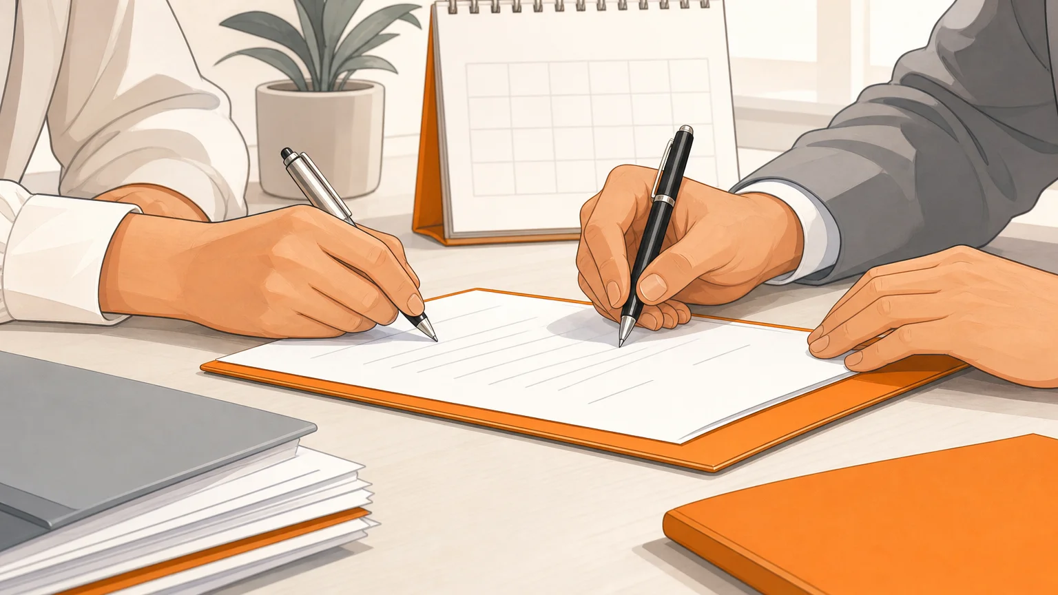 Gros plan illustré de mains signant un document familial sur un bureau juridique.