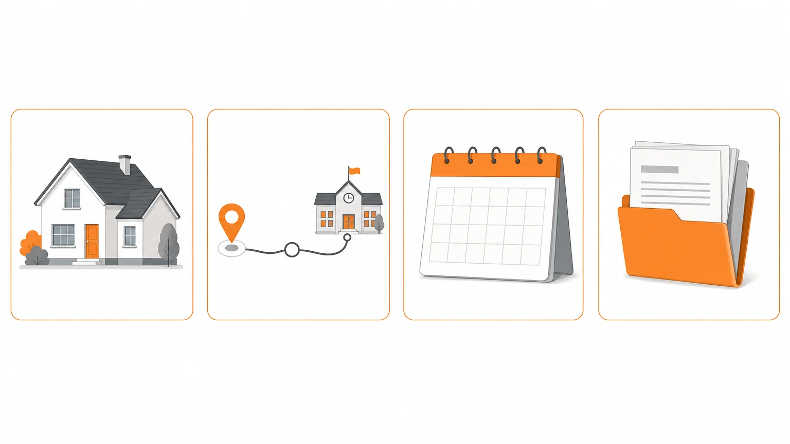 Infographie illustrée présentant une maison, un trajet scolaire, un calendrier et un dossier à vérifier.