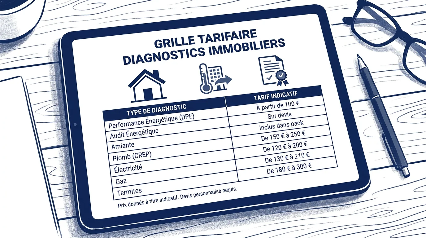 Grille tarifaire des diagnostics immobiliers obligatoires en 2026 affichée sur tablette