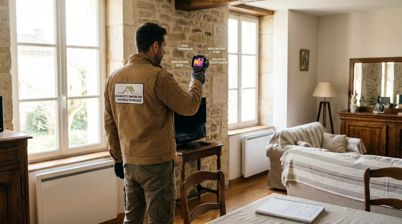Diagnostiqueur immobilier réalisant un DPE dans un logement ancien en 2026