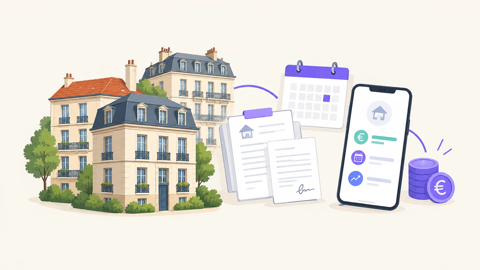 Illustration éditoriale d’un bailleur organisant la gestion de biens locatifs en France